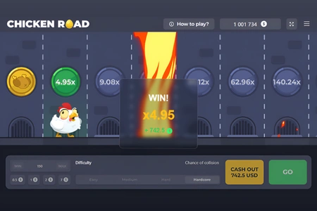 Chicken Road game screenshot showing a successful cash out: the chicken crosses fiery lanes, multiplier reaches x4.95 with a big "WIN!" popup displaying +742.5 USD profit, difficulty set to Hardmode, Cash Out button active.