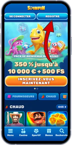 Page d'accueil du casino Spinfin avec gros bonus de bienvenue