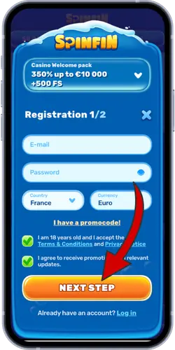 Formulaire d'inscription au casino Spinfin