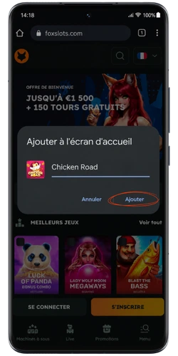 Chicken Road - Confirmer l'ajout à l'écran d'accueil.