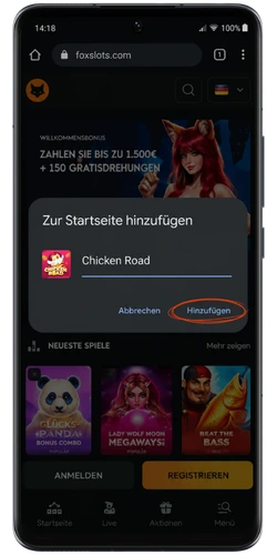 Chicken Road App - Zur Startseite hinzufügen auf Android bestätigen