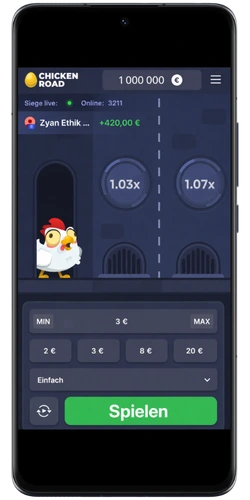 Chicken Road Spiel auf dem Android-Smartphone - Spieloberfläche mit Einsätzen in Euro