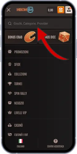 Barra di ricerca e bonus del casinò Neon54