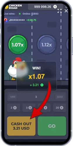 Pantalla de victoria en Chicken Road con opción Cash Out