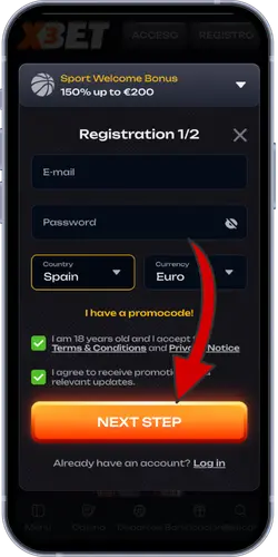 Formulario de registro en el casino X3Bet