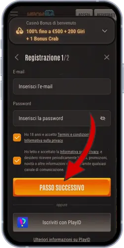 Modulo di registrazione del casinò Neon54
