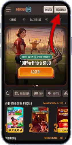 Pagina iniziale del casinò Neon54 con bonus sportivi e giochi