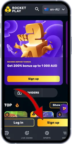 RocketPlay Casino homepage with 200% second deposit bonus